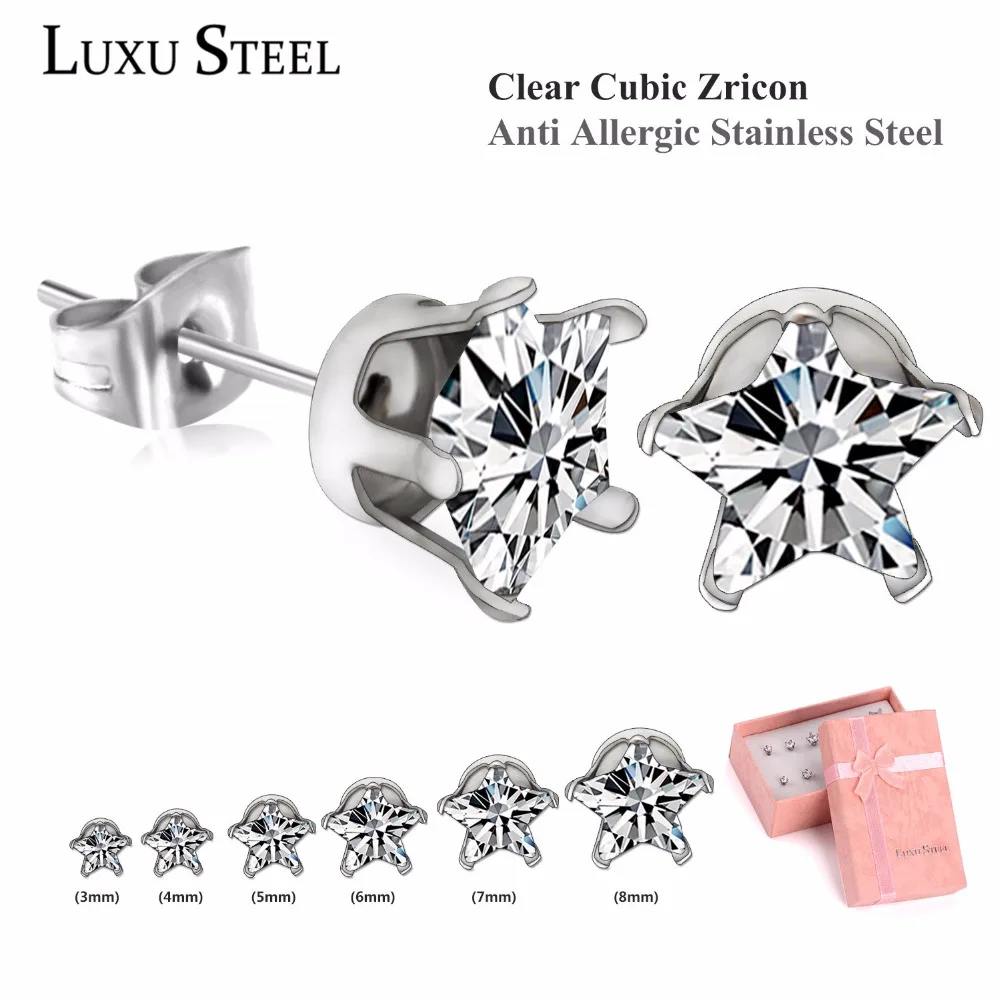 LUXUSTEEL Stud Earrings Shiny Star Crystal Earring Sets Stainless Steel 6Pairs/Box Push Back Jewelry Gift For Women/Girl