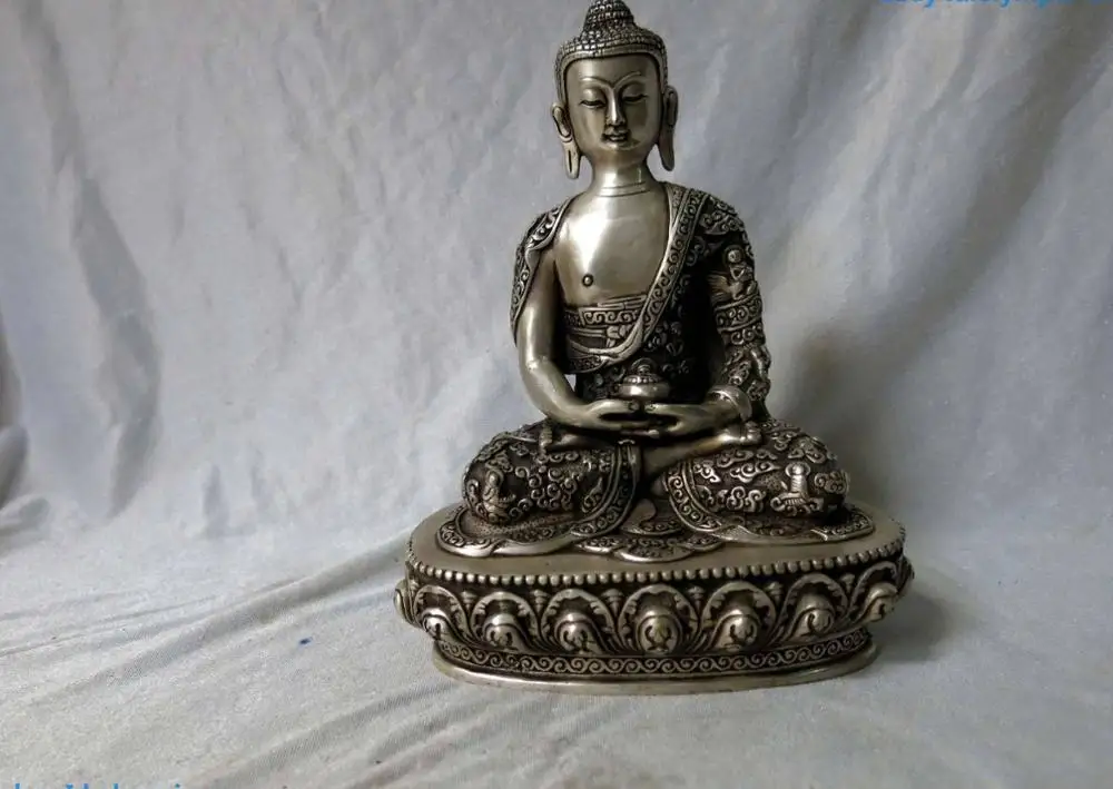 

22CM 9" China silver carved many buddha Buddhism Medicine Buddha Sculpture Statue