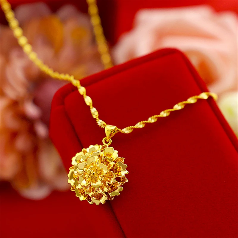 African Gold Color Necklaces for Women Flower Pendant Necklace Wedding Bridal Jewelry Accessories Collier Choker Brithday Gifts