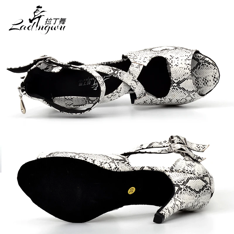 Ladingwu New White Snake texture PU Dancing Shoes For Women Latin Dance Shoes Women\'s Salsa sapato feminino salto alto