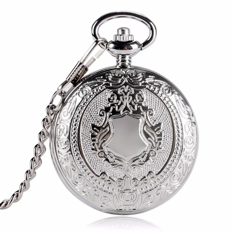 Reloj de bolsillo mecánico de esfera redonda para hombre y mujer, pulsera de lujo con patrón de escudo plateado, reloj Fob antiguo informal