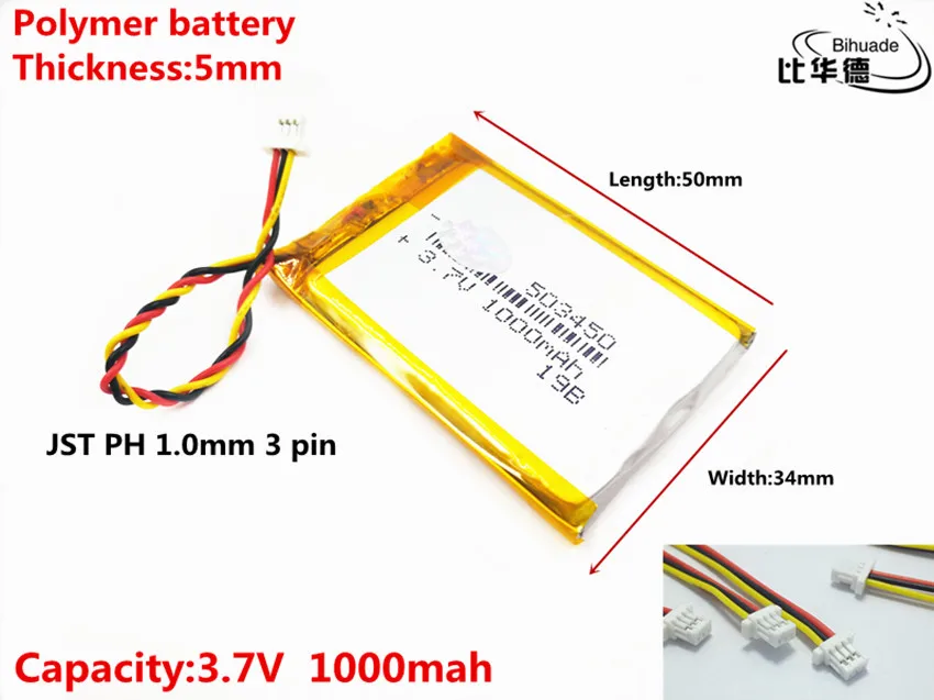 JST PH 1.0mm 3 pin Good Qulity 3.7V,1000mAH 503450 Polymer lithium ion / Li-ion battery for tablet pc BANK,GPS,mp3,mp4