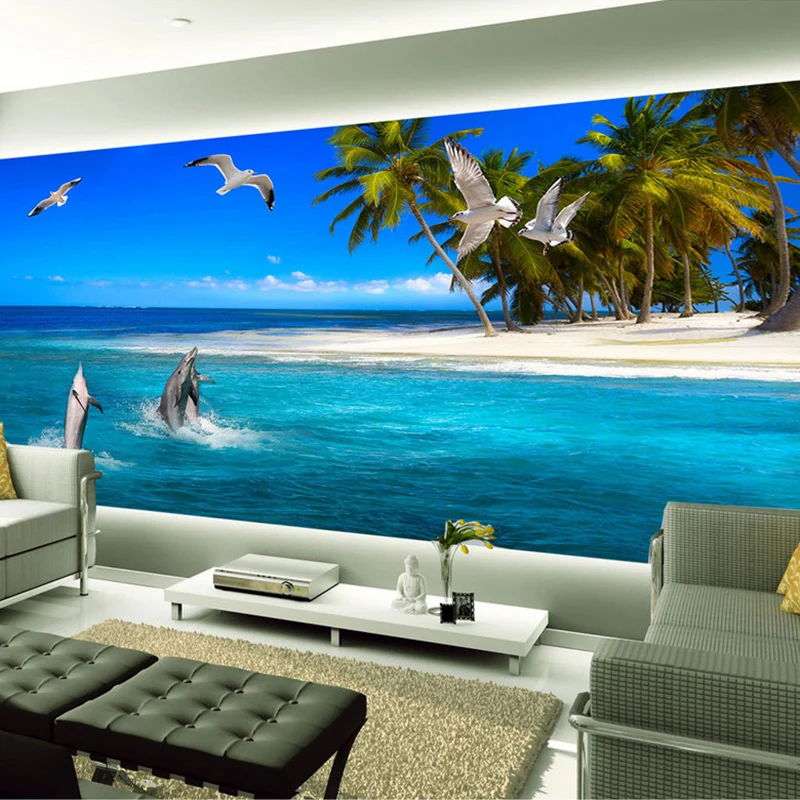 Custom Mural Wallpaper HD Sea View Large Murals Beach Coconut Trees Dolphin Seagull Photo Wall Paper For Living Room TV Backdrop