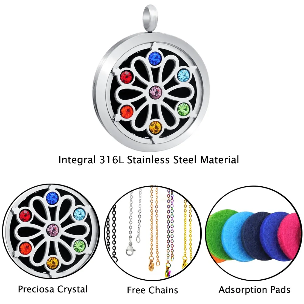 30mm Chakra Design Aromatherapy Locket Pendants Essential Oils Stainless Steel Diffuser Perfume Locket with Pads Drop Shipping