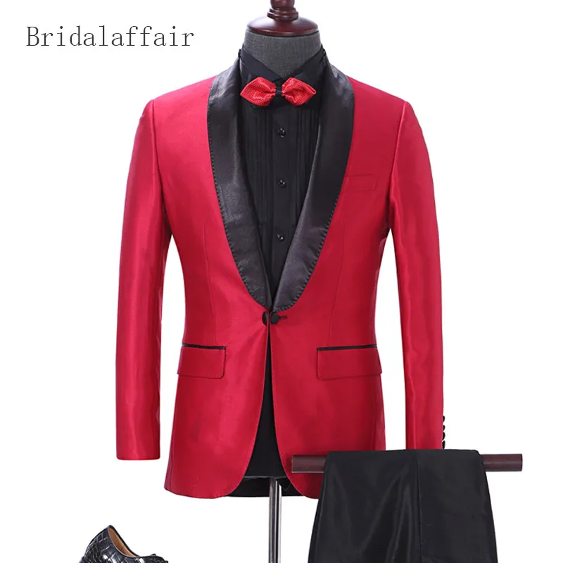 

Bridalaffair Satin Mens Prom Wedding Suits Groom Tuxedo Custom Made Color Size Men Suit Red Jacket with Black Pants 2 Piece