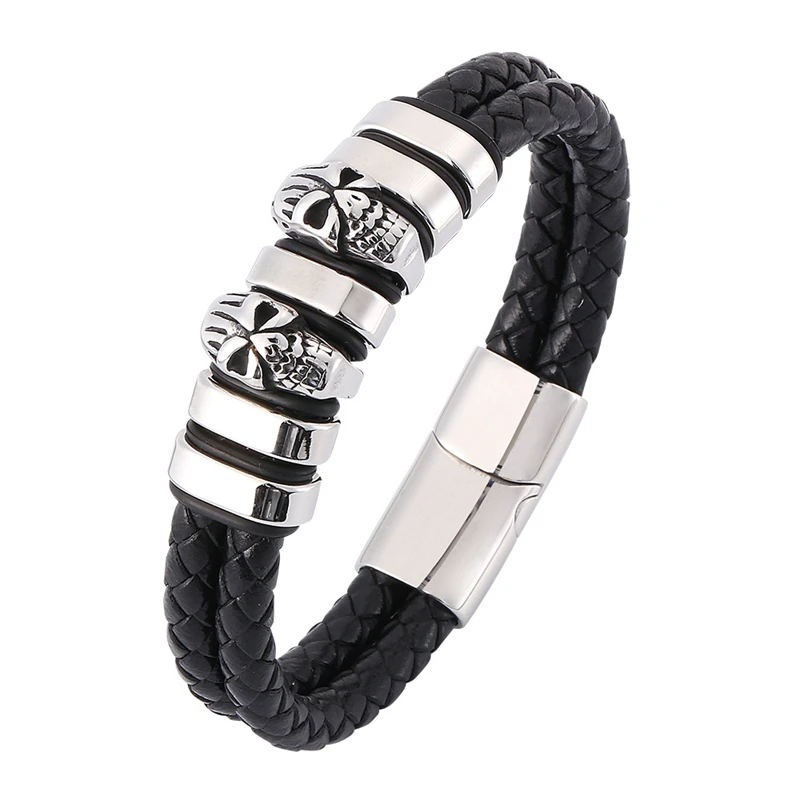 

Punk Rock Skull Stainless Steel Charm Bracelet of Men Braided Double Layer Rope Leather Bangles Jewelry Gift BB0366