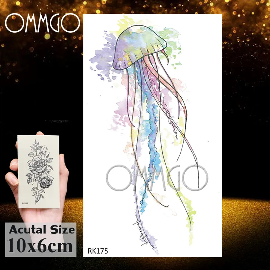 OMMGO 3D Watercolor Jellyfish Temporary Tattoos Sticker Ocean Draw Fake Tattoo Dolphin Custom Tatoos For Women Kids Body Art Arm