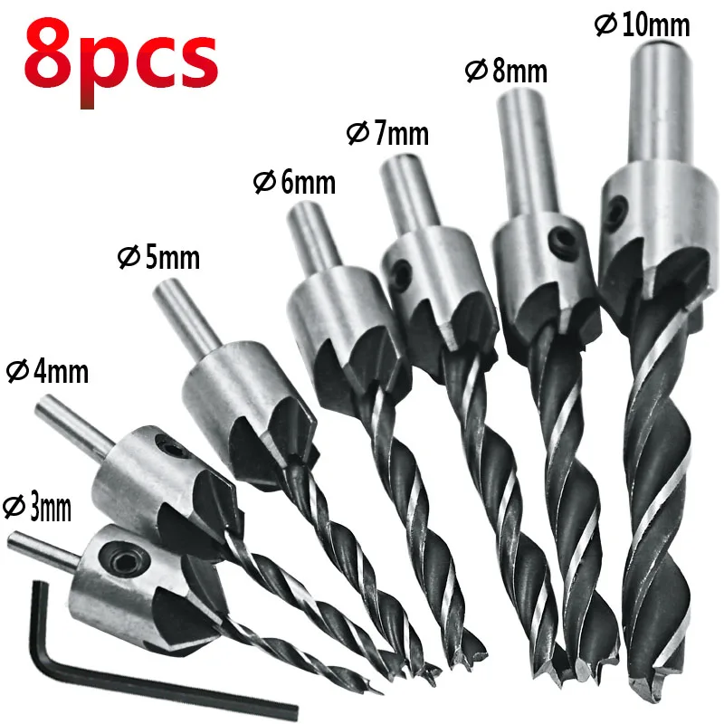 7pcs HSS 8 Flute Countersink Drill Bit Set Reamer Woodworking Chamfer 3mm 4mm 5mm 6mm 7mm 8mm 10mm