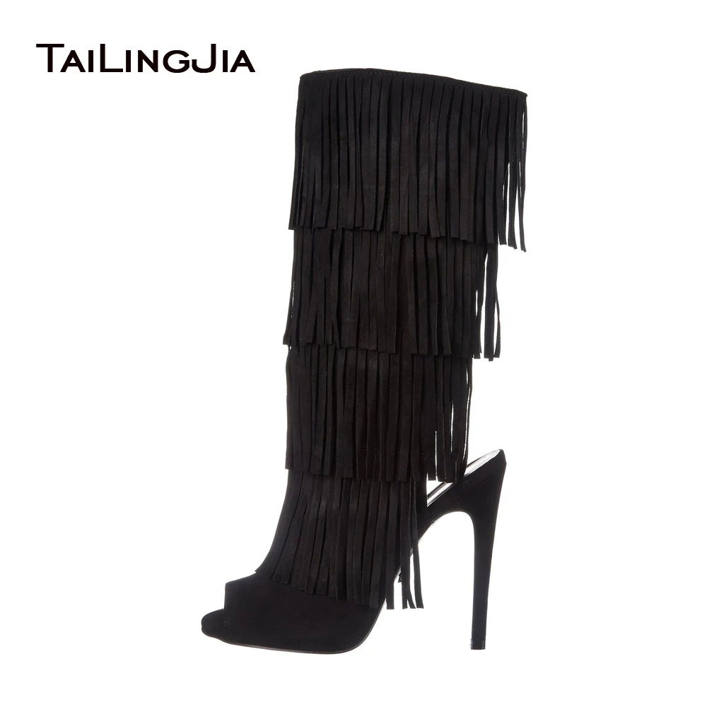 Women Boots 2024 Autumn Casual Black Suede Tassel Peep Toe Slingbacks Zipper High Heel Sandals Comfortable Large Size US 4-15.5