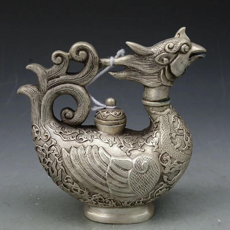 

China Tibet Old Vintage Handwork Silver Copper fengshui Phoenix, bird statue Teapot metal handicraft pot