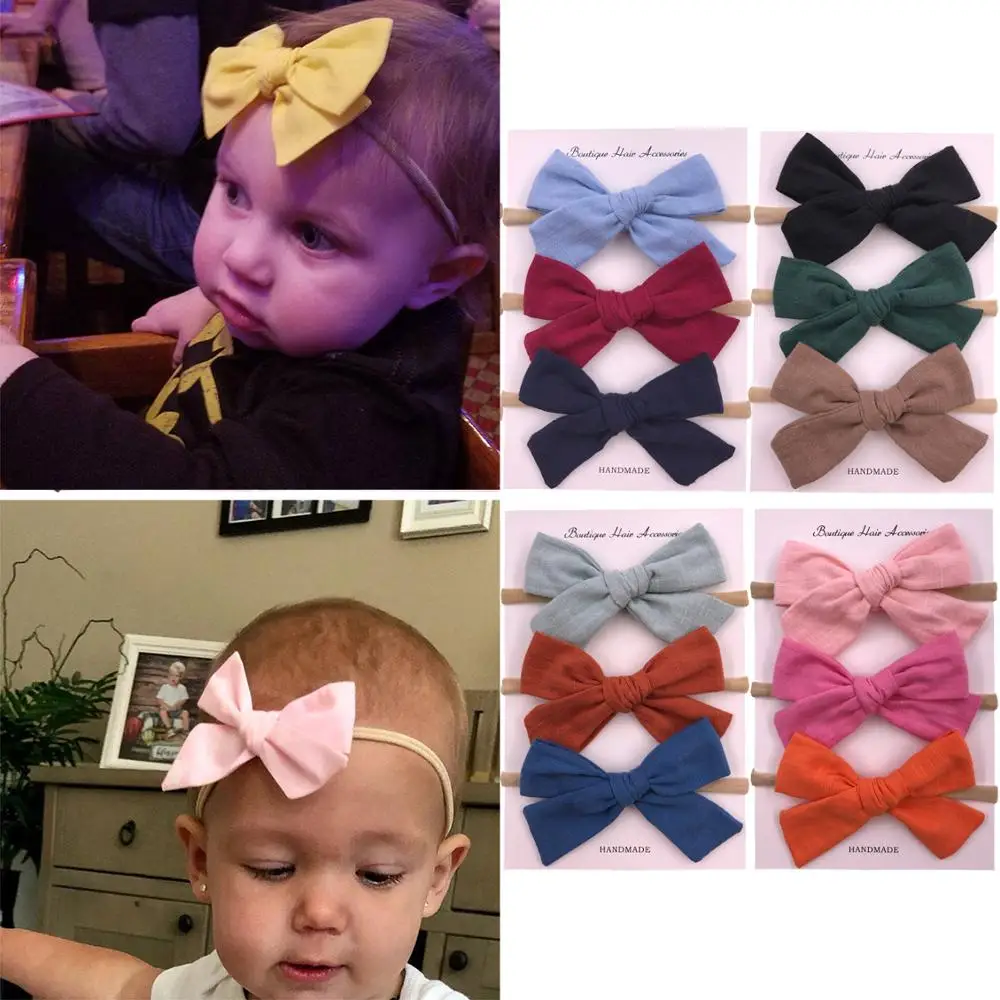 BEILARRY 3 PCS Large 4-inch Cotton Fabric bow headbands Baby Girls Soft Nylon Headband Elastic hairbands Hair bow Accessories