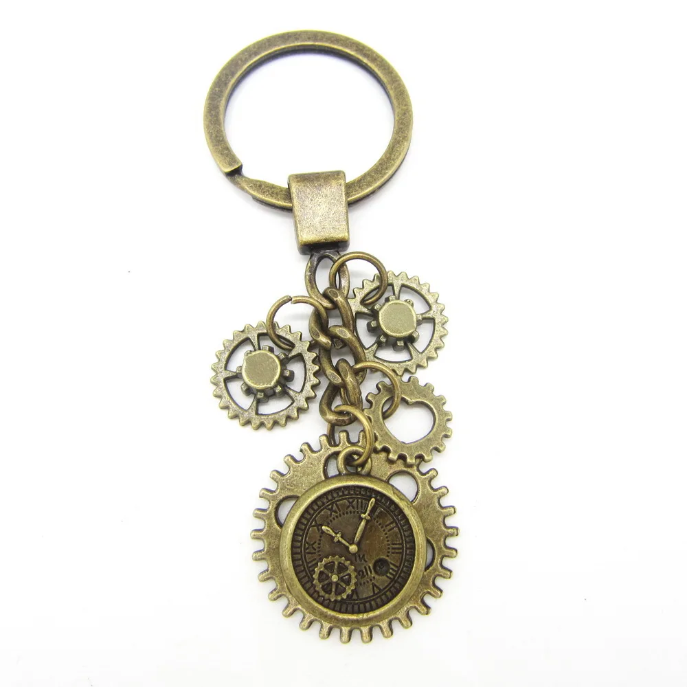 Antique Bronze Mechanical Gears and Clock Look Drop Steampunk Keychain