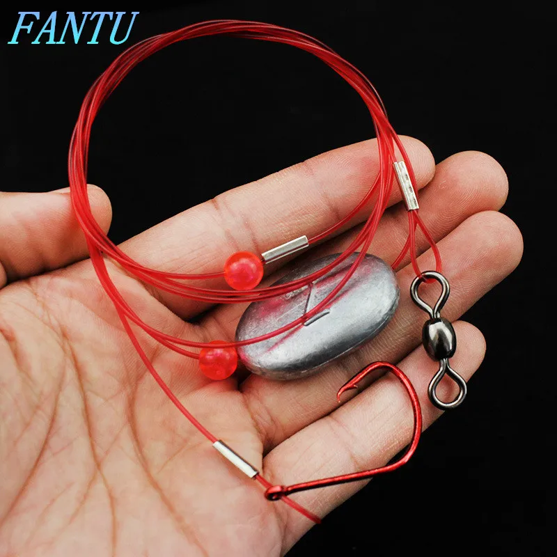 FANTU Red Nickle Eagle Mouth Hook 35mm Ocean Bost Fishing Single Hook String HooK Rig With Lead Sinker Eight Word Ring