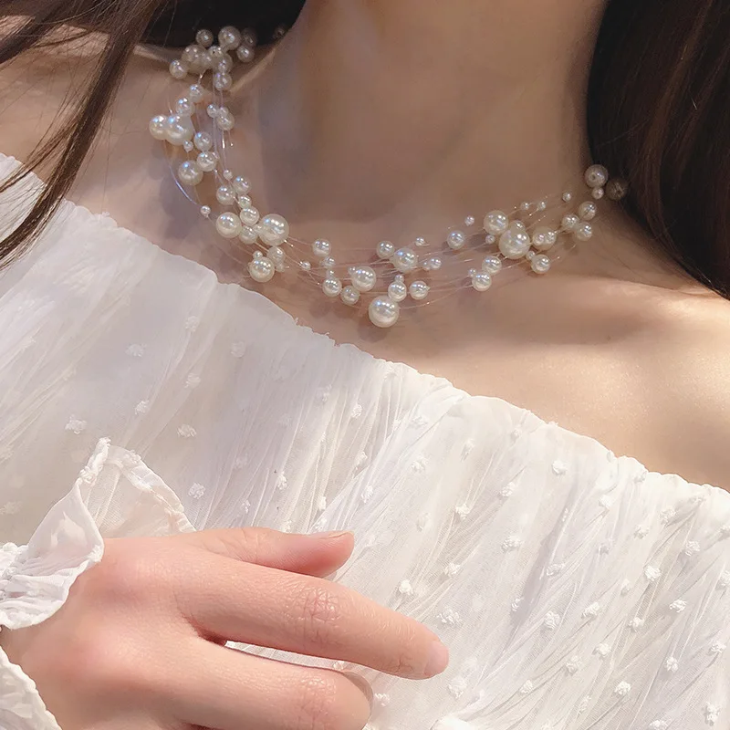 Multi-layer Wedding Statement Necklace Women Fashion Simulated Pearl Jewelry Party Invisible Line Choker Korean Maxi Colar Bijou