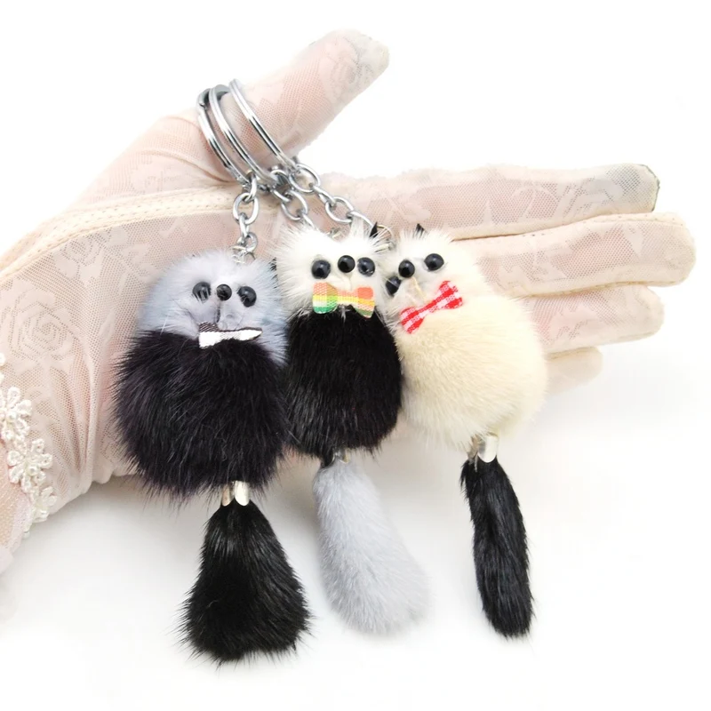 Fluffy Real Mink Fur Bear Keychain Women Cute Girls Pompom Raccoon Key Chain Ring On Bag Jewelry Party Wedding Gift