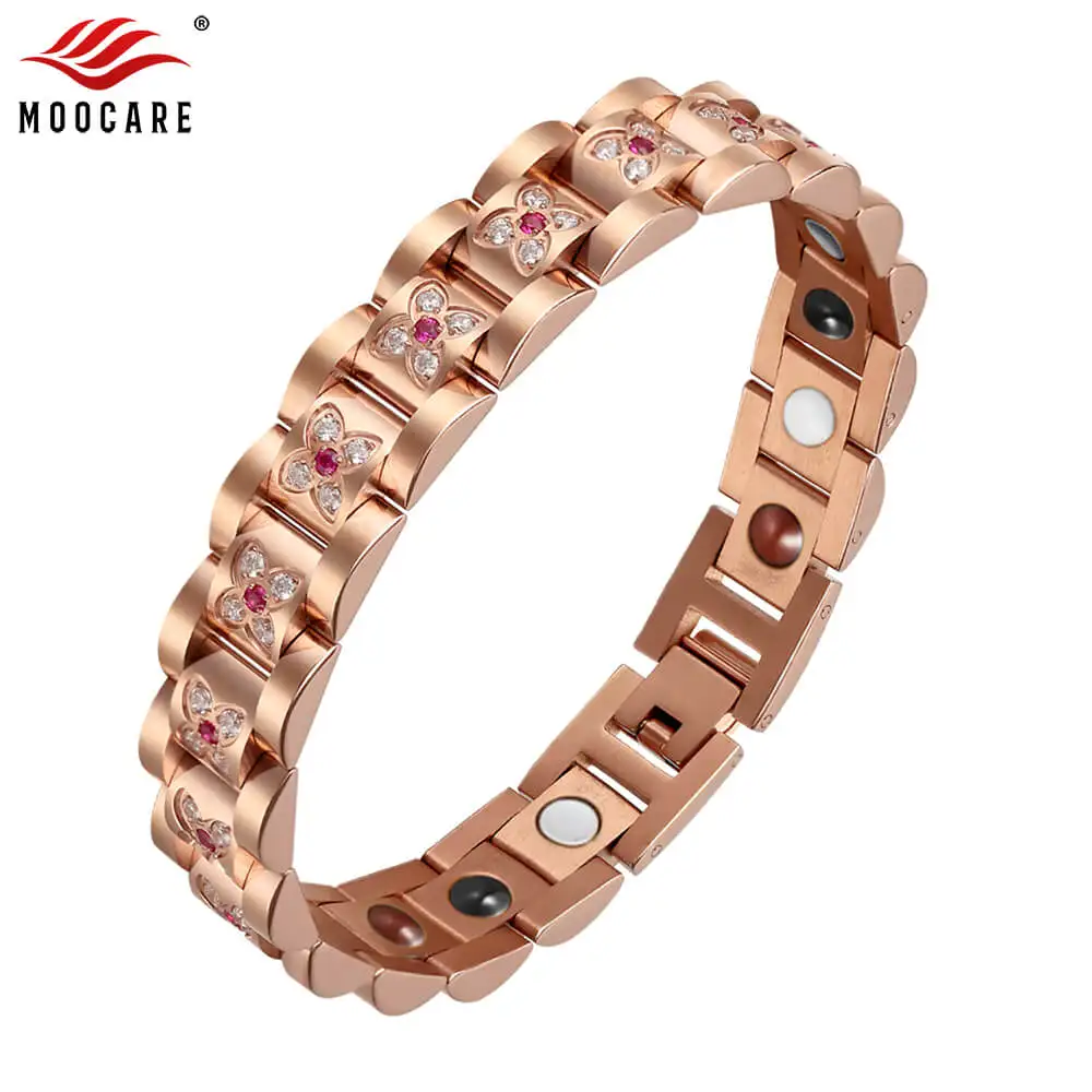 Moocare Women Stainless Steel Bracelet Zircon ladies Rose Gold Magnetic Germanium Elements Bracelets Hand Wrist Chain Women