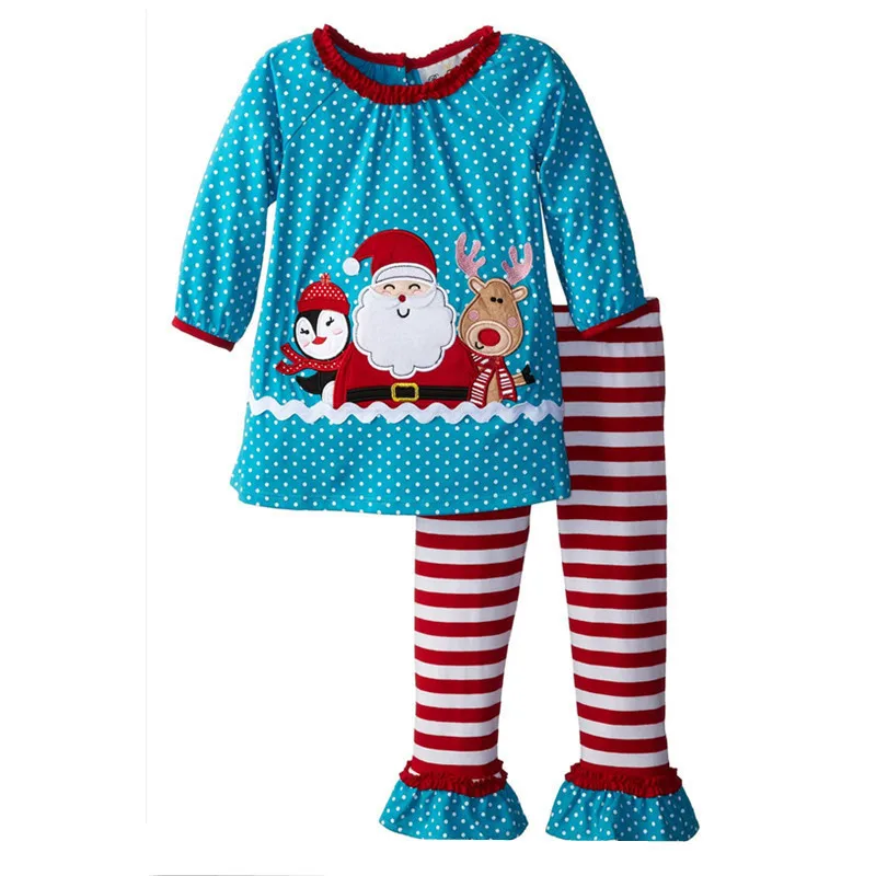 

Christmas Costumes Baby Girls Clothes Suits Blue Dot Santa Girl Blouse Stripe Pant Clothing Sets Children Outfits Kids Dress Top