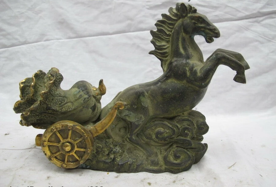 China Fengshui Horse drawn vehicles to send wealth Bronze Copper Gilt Statue