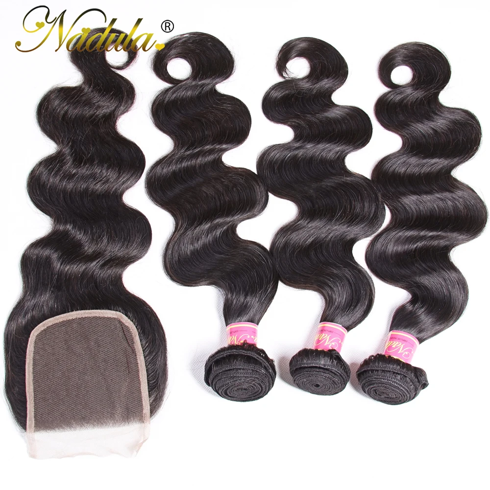 Nadula Hair 3/4 Bundles With Closure Brazilian Body Wave With Closure 4*4 Swiss Lace Closure 100% Remy Human Hair Natural Color