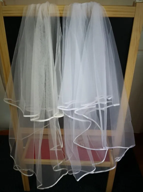 Classic Two-Layer White or Ivory Wedding Veil with Ribbon Edge Tulle Cheap Bridal Veil Wedding Accesorries MM