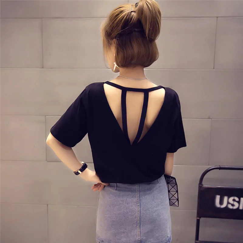 Sexy Backless Scava Fuori T-Shirt Magliette e camicette di Estate Delle Donne Manica Corta di Colore Solido Maglietta Allentata Casual Più Il