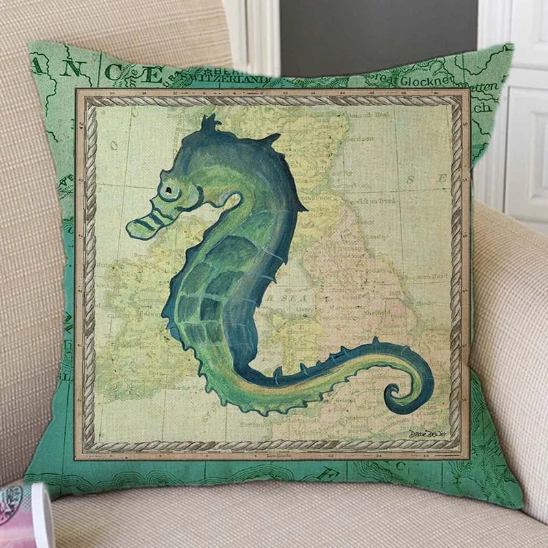 Vintage Sailing Map Seahorse Compass Rudder Anchor Print Home Decorative Sofa Throw Pillow Case Cotton Linen Car Cushion Cover