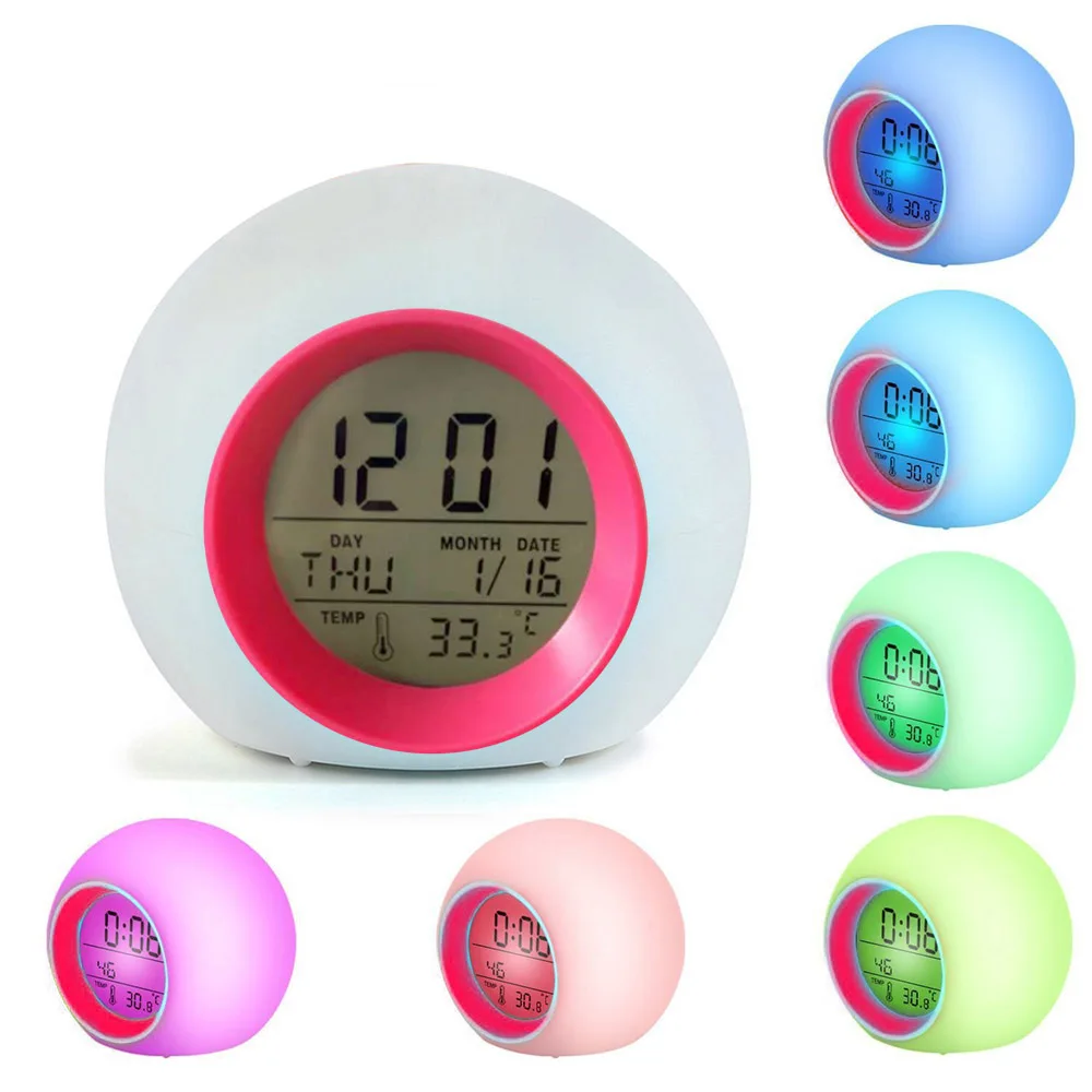 Color Changing LED Light Digital Alarm Clocks Touch Control Kids Children Wake Up Alarm Clock Thermometer Nature Music Gifts