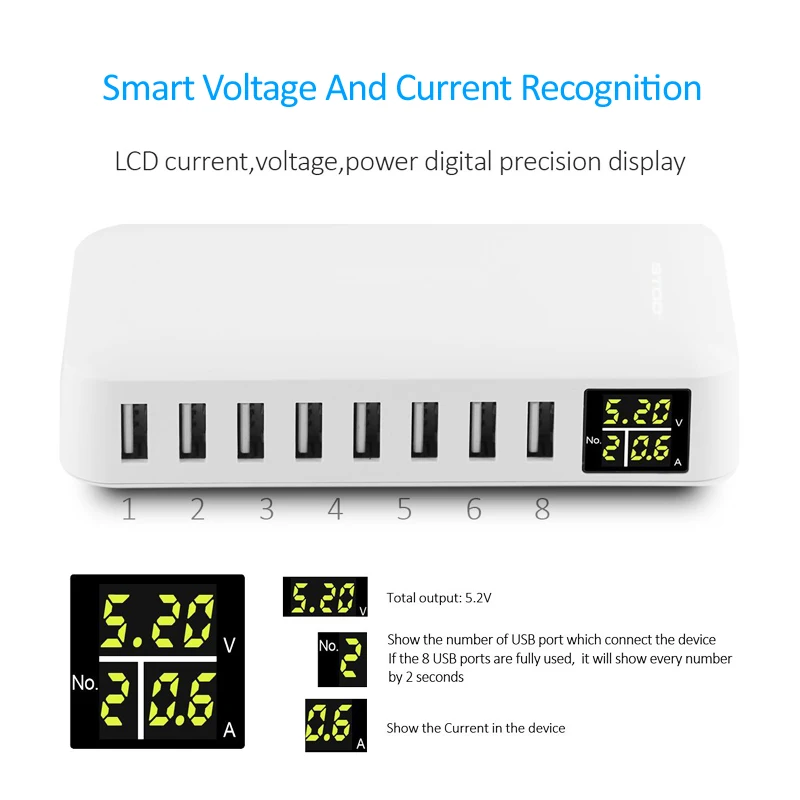 Multi Port USB Charger 40W LED Display Voltage Monitor Smart Charging For iPhone Samsung Realme Nexus Redmi Phone Charge Adapter