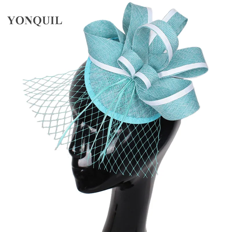 Turquoise Fascinator Imitation Sinamay Fascinators Bridal Hair Accessories with Birdcage Veils Feather Occasion Hat High Quality