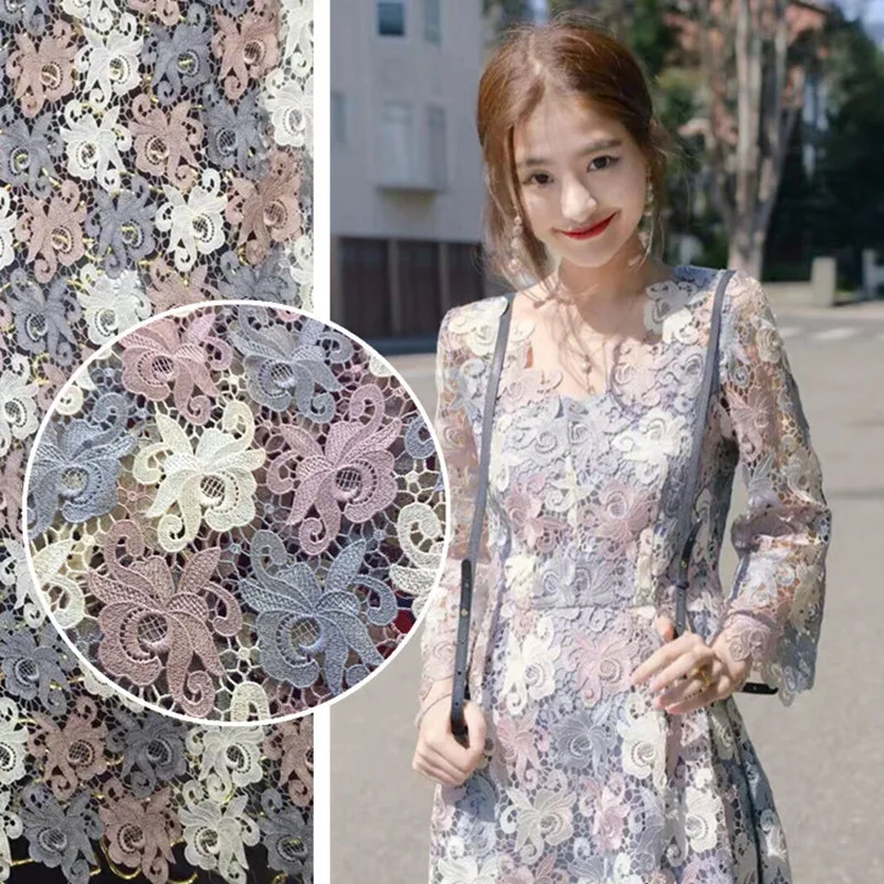 High Quality Embroidered Flowers Lace Fabric 120 cm Width Polyester Venice Reflective Hollow Fabric For Make Clothing 1 yard