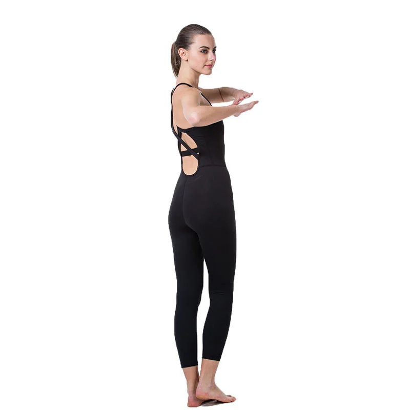 Fitness Clothing Women Aerial Yoga Rompers and Jumpsuit Black Nylon Stretch U Neck Cross Back Dance Gym Running Workout Suits