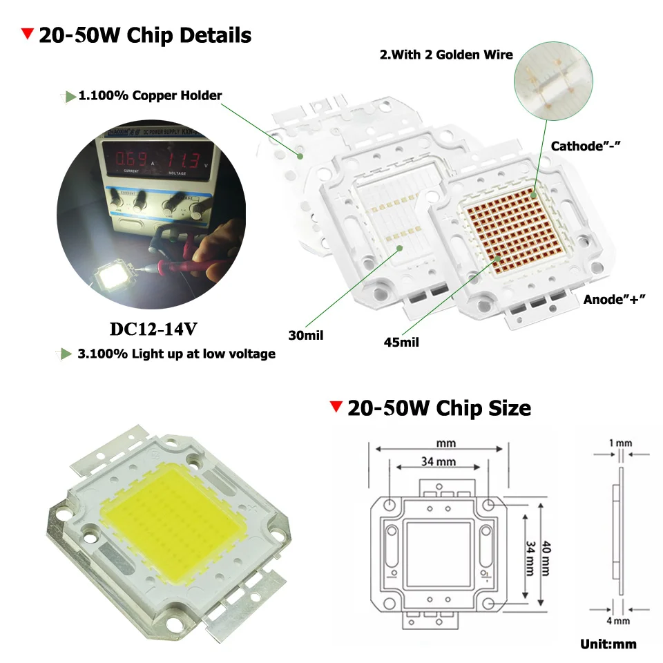 hot sell 100pc High Power LED COB Light SMD chips DC12V 20W 30W 50W Warm/Natural/White/Cool led Bulb Spotlight COB Diode by DHL