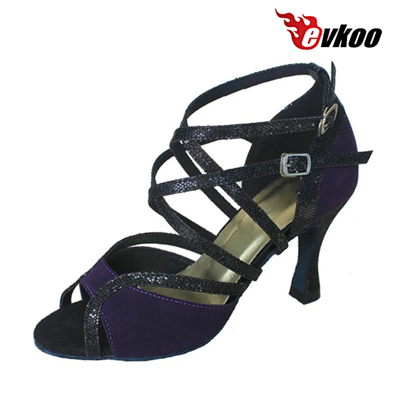 Sepatu dansa Nubuck DIY dengan bahan berkilau wanita sepatu dansa Latin merah ungu biru hitam sepatu Salsa untuk wanita Evkoo-028