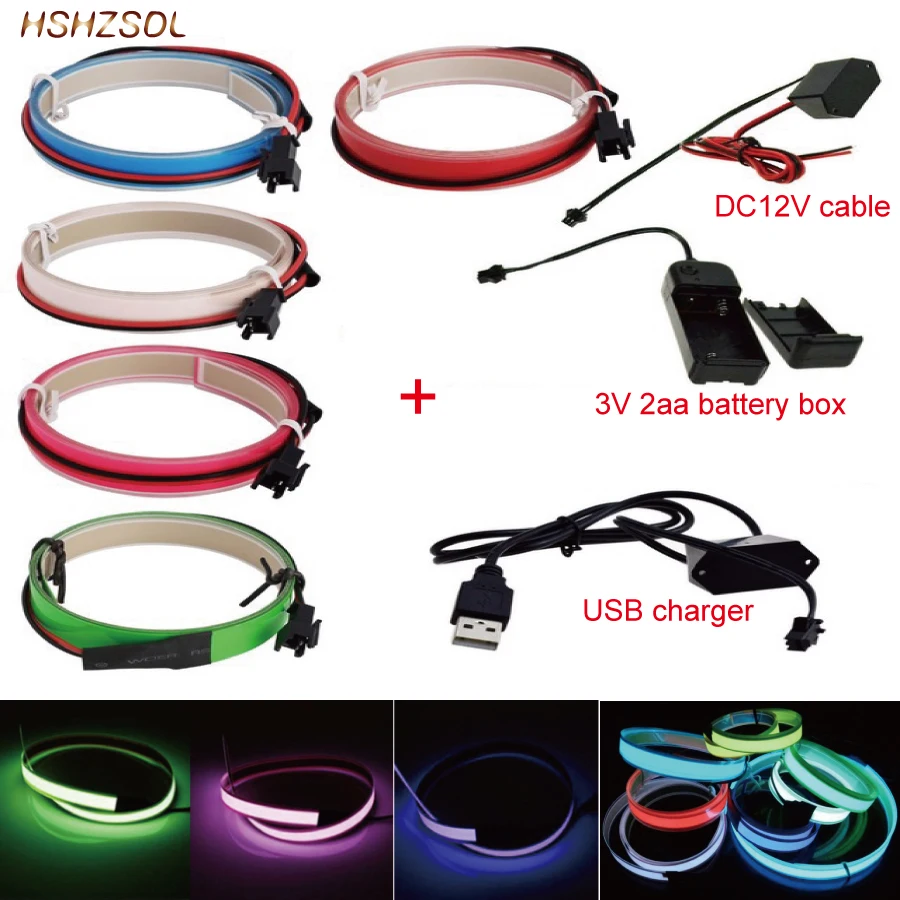 2aa 3V battery  5V USB or dc12v 5color Neon Light Glow EL Wire Rope tape Cable Strip LED cold Light Cap Car decorate ribbon lamp