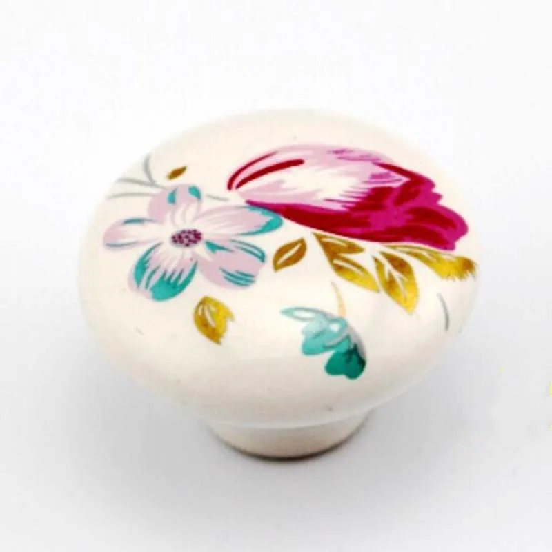 

38mm white ceramic kitchen cabinet drawer knob pulls red flower porcelain dresser cupboard door pull ceramic furniture knobs