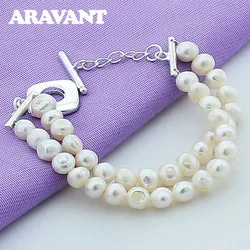 Aravant 925 Silver Double Layer White Pearl Bracelets For Women Wedding Fashion Jewelry