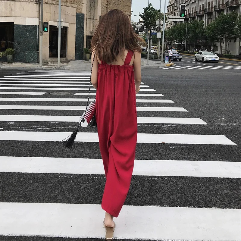 สีแดง Bohemian Jumpsuit 2019 ฤดูร้อนใหม่ Strappy Bohemian พรรค Rompers Beach VINTAGE ยาวขากว้าง Overalls Playsuits กางเกง DD1987