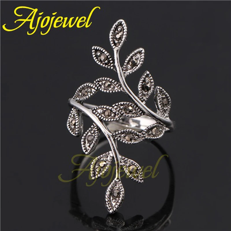 Ajojewel Women\'s Black Rhinestone Antique Leaf Ring Size 6-10 Hot Selling Vintage Female Jewelry Wholesale