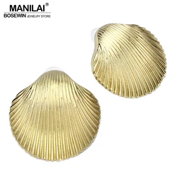 MANILAI Big Alloy Shell Stud Earrings Beach Jewelry For Women Fashion Metal Shell Statement Earrings Gold Color