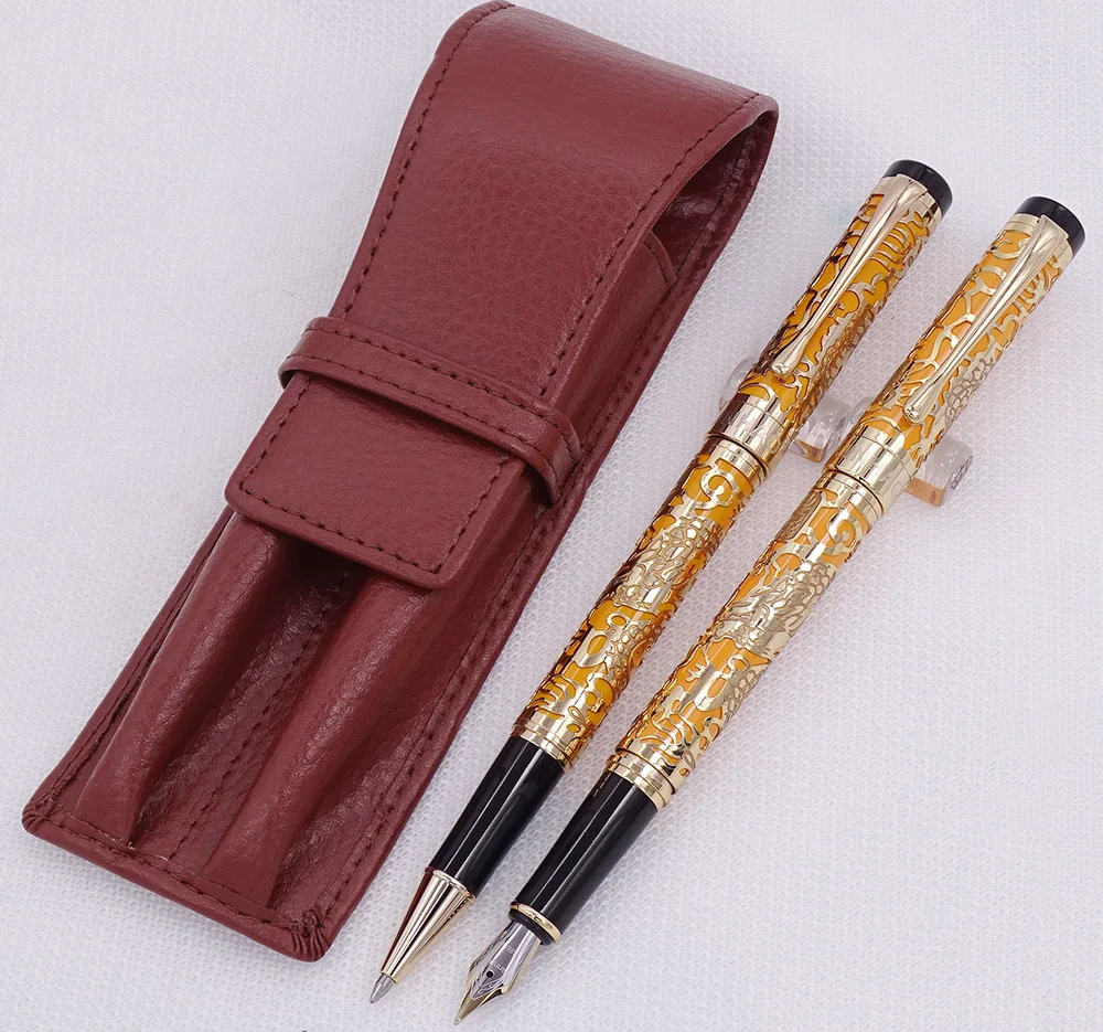 Jinhao 5000 Orange Golden Fountain Pen & Roller Pen with Real Leather Pencil Case Bag Washed Cowhide Pen Case Holder Writing Set