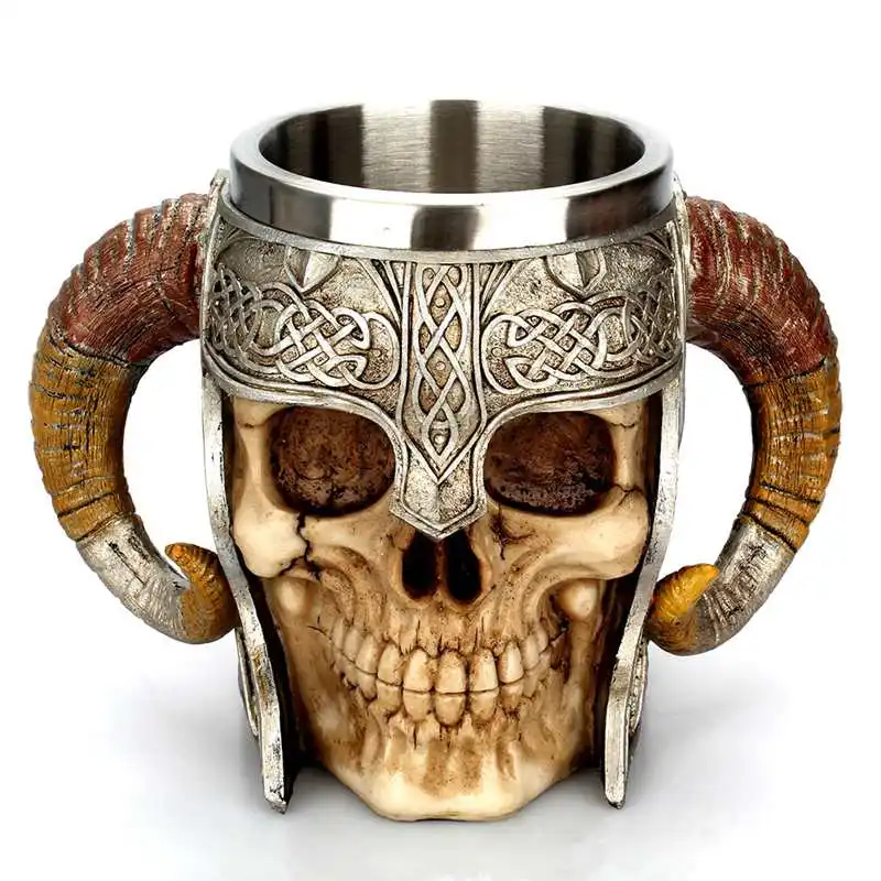 Ram Horned Pit Lord Warrior Stainless Steel Skull Mug Goat Horn Resin Viking Tankard Coffee Beer Mugs Geek Home Bar Gift Tea Cup