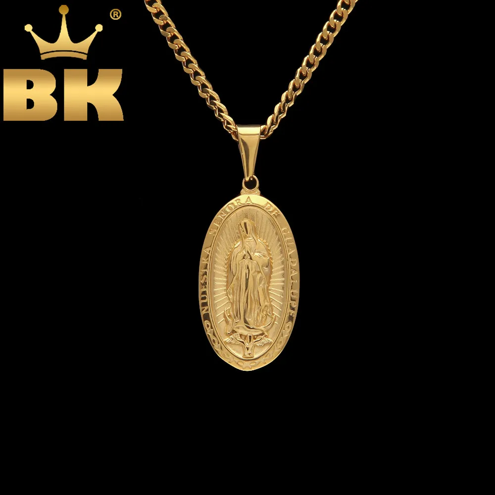 Catholic Religious Virgin Mary Necklace Pendant Stainless Steel Gold Color Cross Medallion Women Men Christian Jewelry