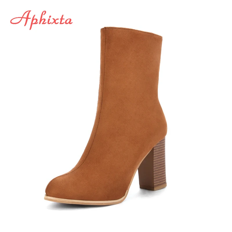 Aphixta Winter Mid-Calf Boots Shoes Women Cow Suede Botas Mujer High Heel Boots Square Heel Zip Ladies Shoes Big Size 43