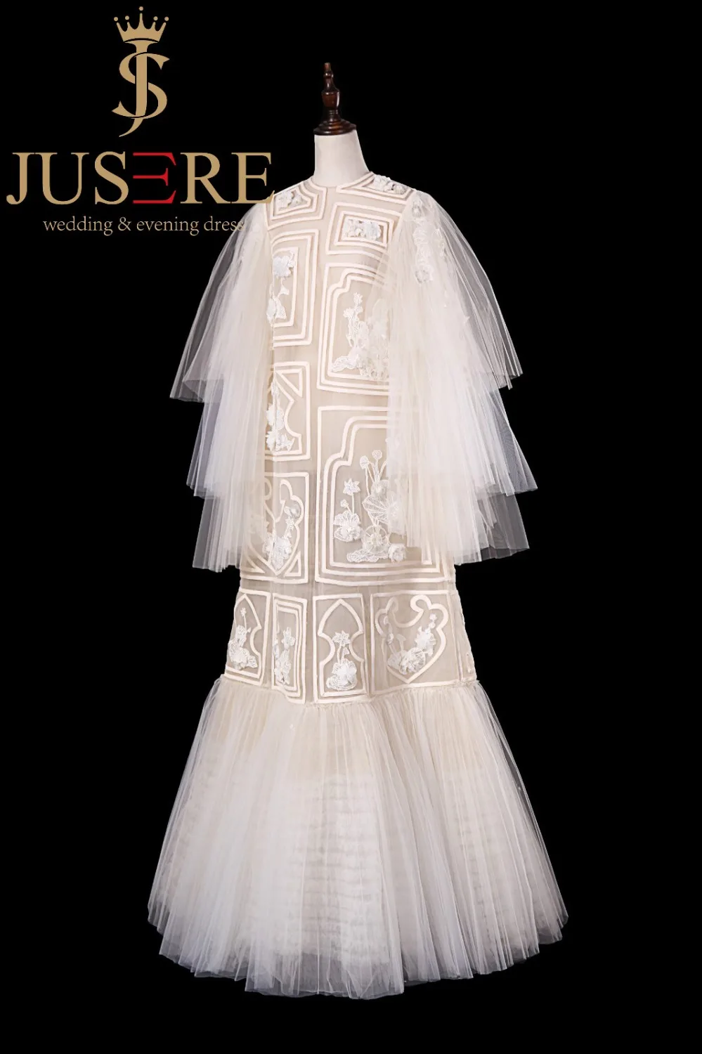 JUSERE FASHION SHOW Lace Ivory Wedding Dress Embroidery Long Sleeve Illusion Bridal Gowns Vestido de noiva