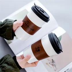 Ceramic Mug With Leather Cup Cover Letter Flower Pattern Milk Coffee Portable Cups Household Office Drinkware Creative  450ML