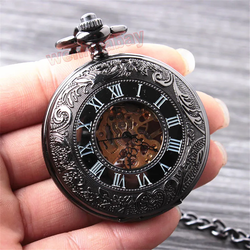 Jam tangan saku mekanis hitam Vintage jam tangan Skeleton berongga pria klasik elegan Retro Pria jam liontin rantai jam tangan FOB