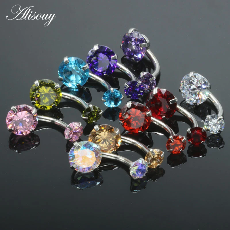 Double Crystal Rhinestone Navel Belly Button Ring Pircing Surgical Steel Real Belly Piercing Cute Navel Ringen Bar Navel Belly