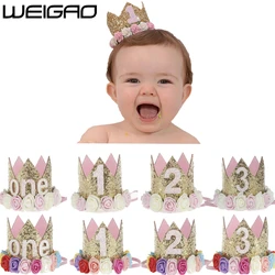 WEIGAO 1pcs 1 2 3 Birthday Caps Flower Crown 1st Birthday Hat Newborn Baby Birthday Headband 1 Year Birthday Party Decorations