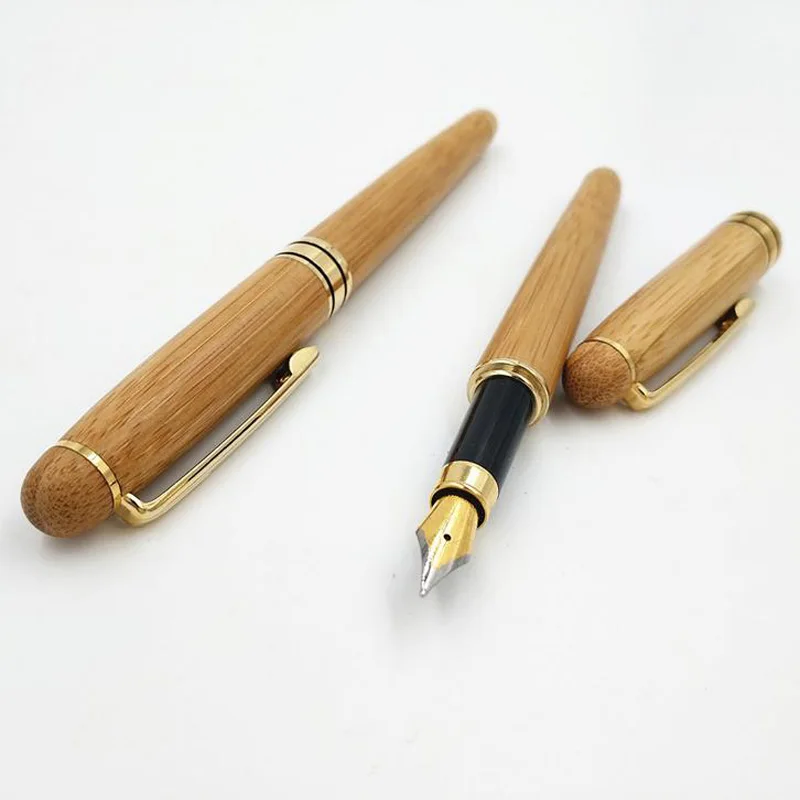 10 Pcs Creative Natural Color Bamboo Pumping Pen 0.5mm Stainless Steel Nib Wooden Fountain Pen  for Business Office and School