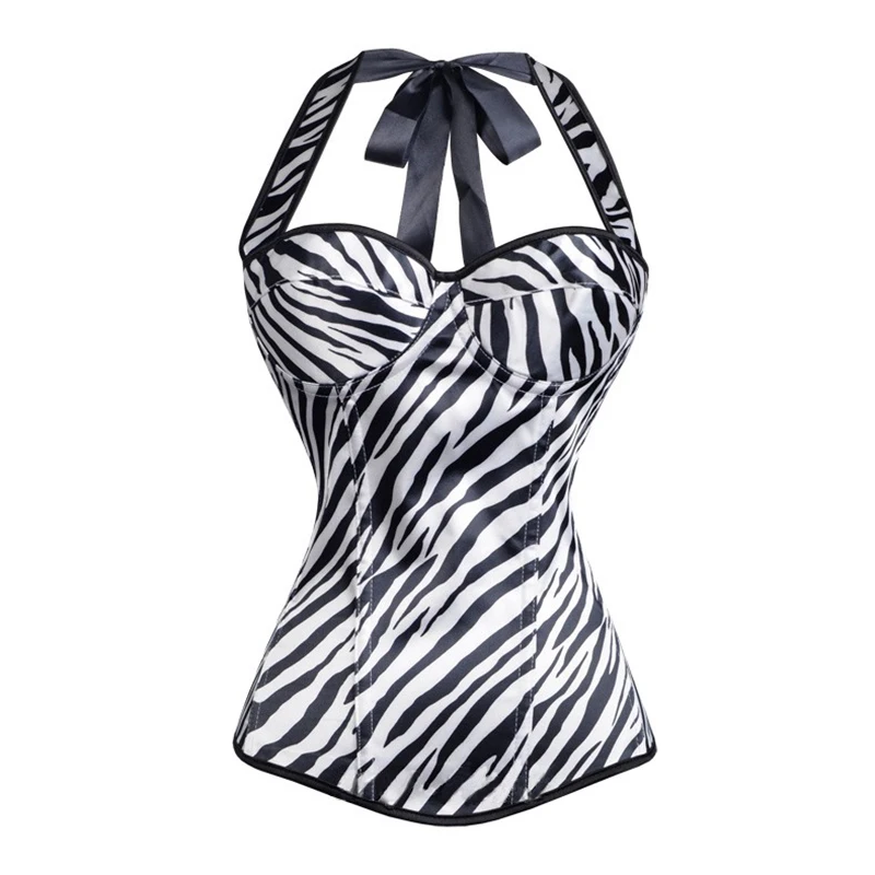 Halter Neck Bustier Tops Sexy Corpetes E Corselet Overbust Satin Zebra Stripe Corset Korsett For Women Plus Size XXL Corsets